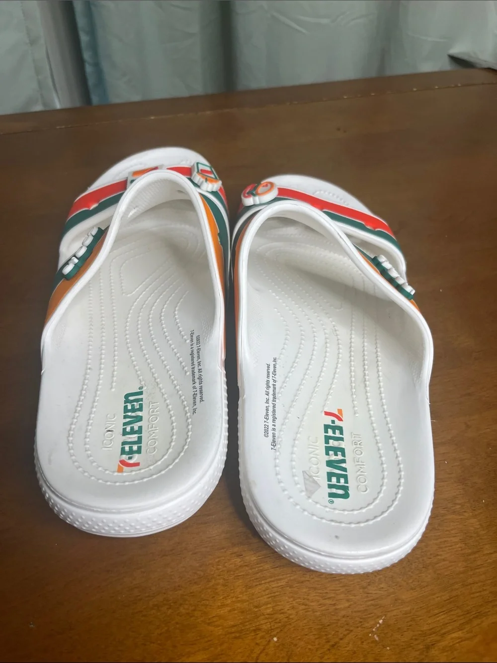CROCS Kids' White Slides with Orange, Green & Red Stripes
